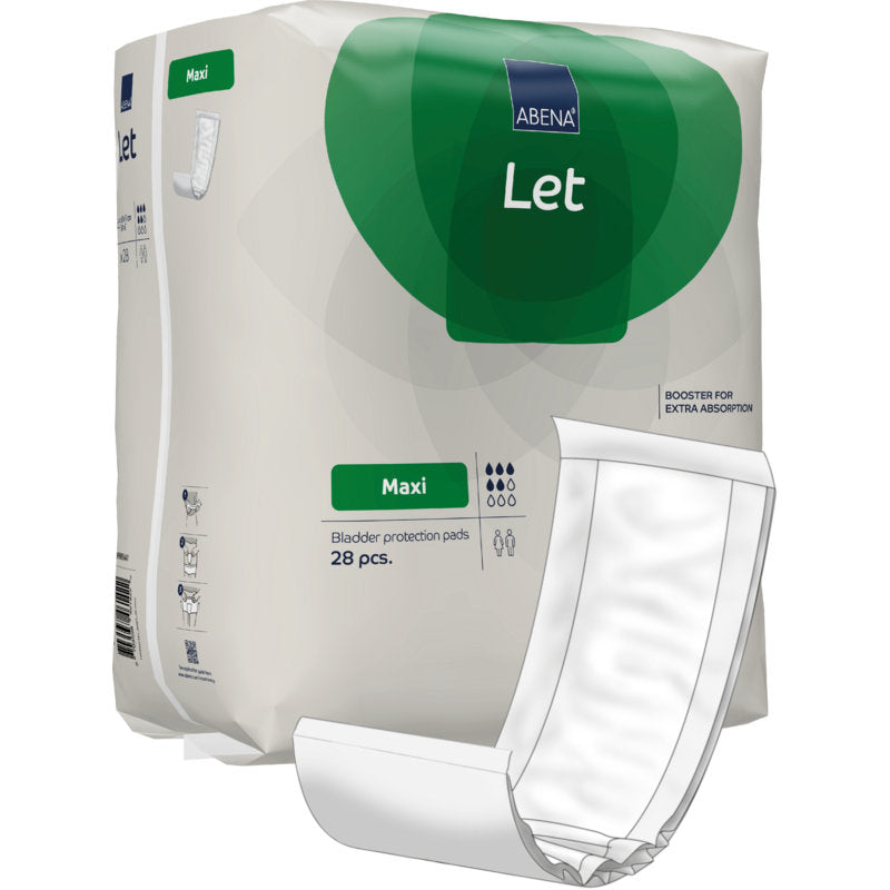 Abgebildet ist eine Packung ABENA Let Blasenschutzeinlagen der Abena Re-Seller GmbH mit weißem und grünem Design, einer leicht zu tragenden Tasche, einer Abbildung der Einlage auf der Vorderseite, extra Absorption und 28 Stück pro Packung.