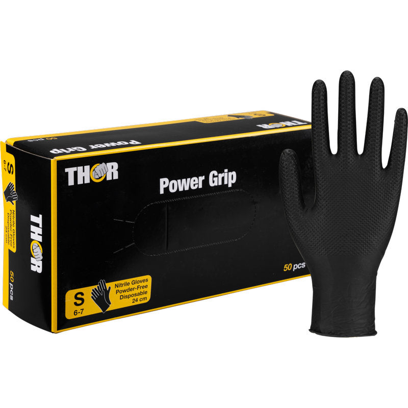 Eine Schachtel Thor Power Grip, Schwarz von Abena Re-Seller GmbH, Größe S 6-7, mit einem aufrecht abgebildeten Handschuh. Perfekt für Krafttraining oder Gewichtheben; die Box enthält 50 puderfreie Einweghandschuhe.