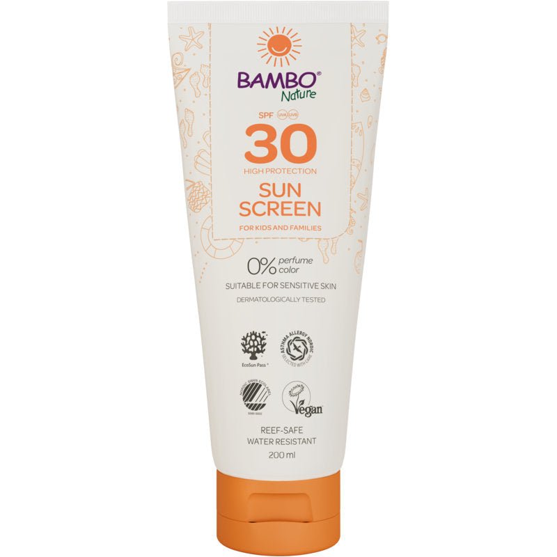 200 ml:n tuubi Bambo Nature aurinkovoidetta SPF30 Abena Re-Seller GmbH:ltä - väri- ja hajusteeton, korkea suoja herkälle iholle, dermatologisesti testattu, vegaani, riutta-ystävällinen ja vedenkestävä. Myydään 6 kappaleen laatikoissa.