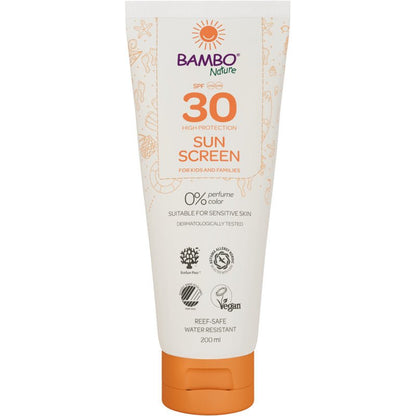 200 ml:n tuubi Bambo Nature aurinkovoidetta SPF30 Abena Re-Seller GmbH:ltä - väri- ja hajusteeton, korkea suoja herkälle iholle, dermatologisesti testattu, vegaani, riutta-ystävällinen ja vedenkestävä. Myydään 6 kappaleen laatikoissa.