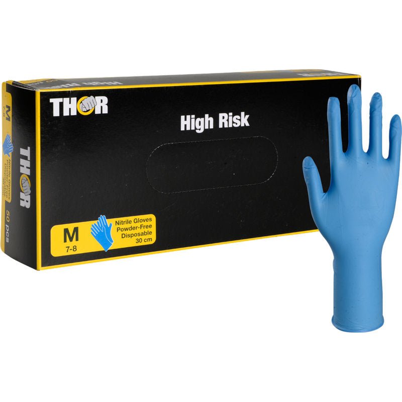 Pystyssä on keskikokoinen laatikko, jossa on teksti "Thor High Risk Nitril-Handschuhe, Blau, 30 cm" Abena Re-Seller GmbH:lta. Puuterittomat käsineet ovat kertakäyttökäsineitä ja tarjoavat kemikaalisuojan.