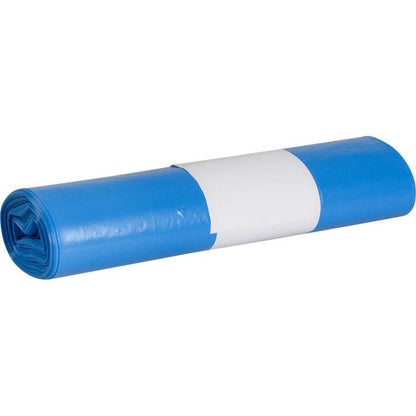 Tiukasti rullattu nippu sinisiä muovipusseja Abena Re-Seller GmbH:n roskapusseja Sækkoboy 40:lle (40 my LDPE kierrätetty), jotka on kiinnitetty keskeltä valkoisella paperinauhalla.