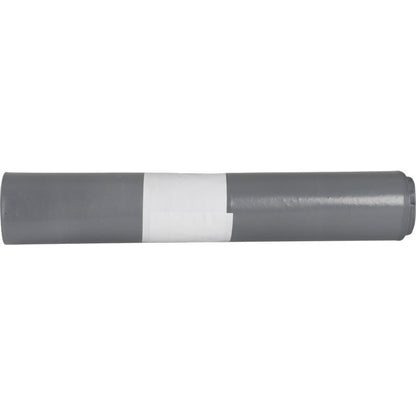 Rullattu harmaa muoviroskapussi, jossa on valkoinen etiketti, seisoo yksinkertaista valkoista taustaa vasten. Abena Re-Seller GmbH:n Sækko Boy 120:lle (55 my LDPE kierrätetty) roskapussit ovat ihanteellisia kestävään jätteiden käsittelyyn.