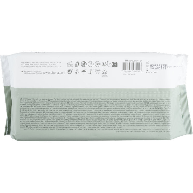 Eine rechteckige weiße Abena Re-Seller GmbH Feuchtpflegetücher Packung (80 Stück, mit Deckel, 20x27 cm) ist von hinten abgebildet und zeigt einen Barcode, Produktinformationen in mehreren Sprachen, Symbole und abena.com.