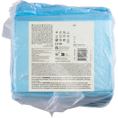 Läpinäkyvä muovipakkaus, jossa on 25 kappaletta Abena Re-Seller GmbH:n kertakäyttöistä alustaa, ABENA Tissue, 8-kerroksinen, 60x90 cm, sininen, näyttää etiketin hoitosymboleilla, ohjeilla ja monikielisillä varoituksilla.