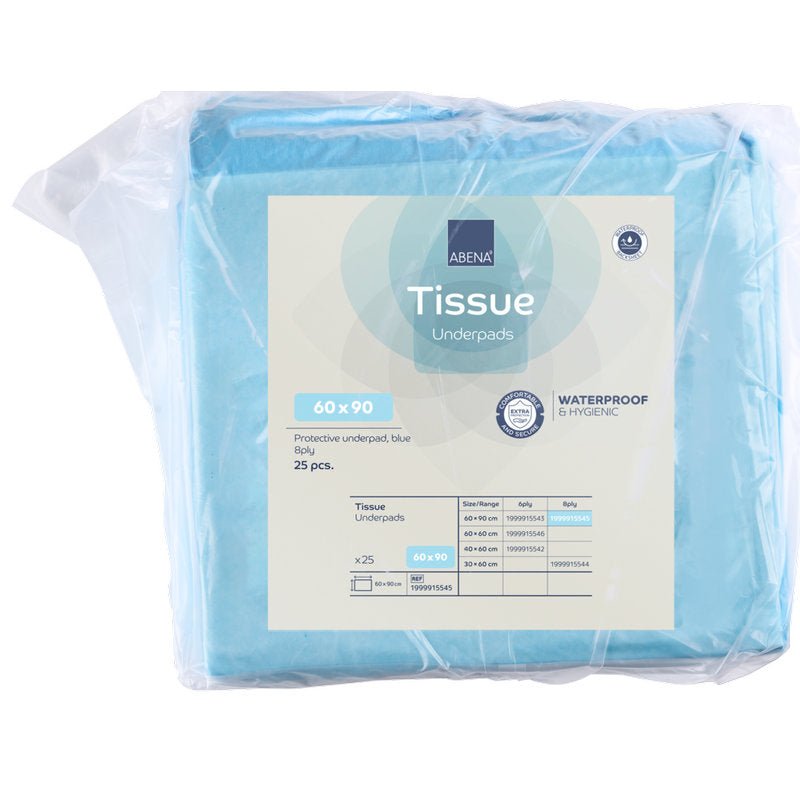 Läpinäkyvä muovipakkaus sisältää 25 sinistä Abena Re-Seller GmbH:n kertakäyttöistä alustaa, 8-kerroksinen Tissue, 60x90 cm. Etiketti korostaa vedenpitäviä ja hygieenisiä ominaisuuksia ja tarjoaa yksityiskohtaisia tietoja.