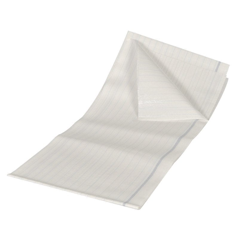 Abena Re-Seller GmbH:n suojalakana, lankavahvistettu (210x80 cm, PE/selluloosa), pakkaus 25 kappaletta: Valkoinen kertakäyttöinen suojalakana, jossa vaaleansiniset viivat valkoisella taustalla, suorakaiteen muotoinen ja taitettu kestävyyden takaamiseksi.