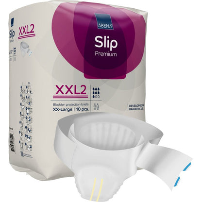 Pakkaus ABENA Slip Premium -vaippoja Abena Re-Seller GmbH:ltä on esillä, osittain avattu vaippa edessä. Lila-valkoinen pakkaus korostaa kokoa XX-Large, 10 kappaletta, ja luotettavaa inkontinenssihoitoa.