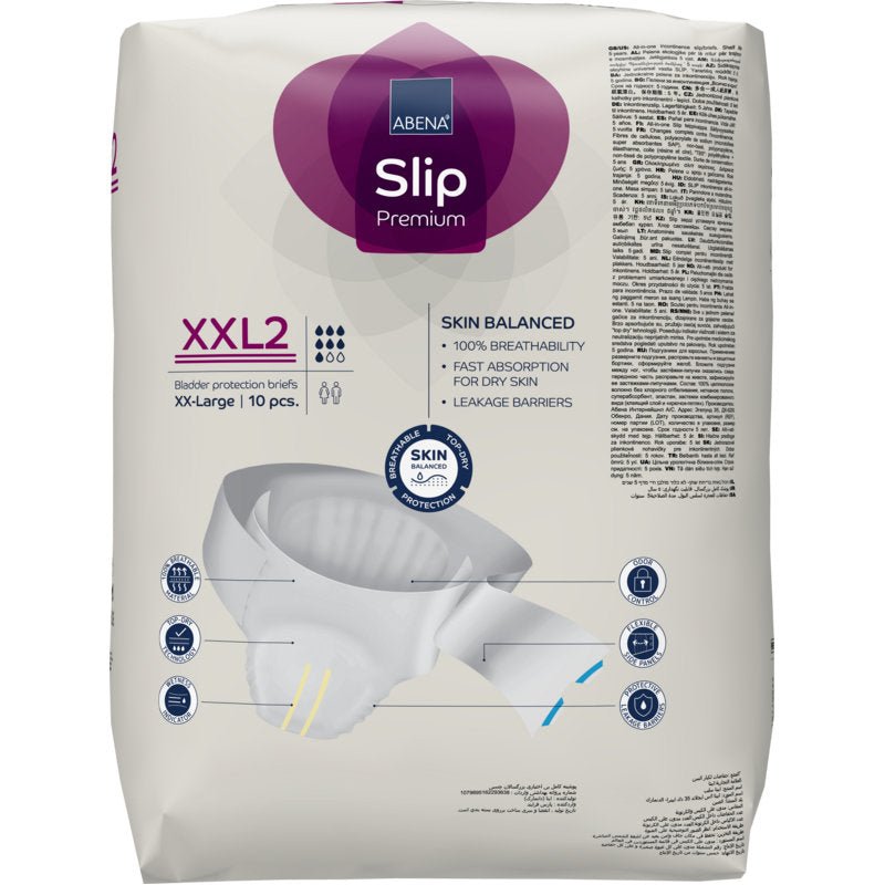 10 kappaleen pakkaus ABENA Slip Premium -virtsarakon suojavaippoja Abena Re-Seller GmbH:ltä, koko XXL2, tarjoaa ihon tasapainoa ja vuotosuojaa - ihanteellinen luotettavaan inkontinenssihoitoon.