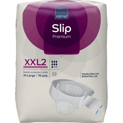 10 kappaleen pakkaus ABENA Slip Premium -vaippoja Abena Re-Seller GmbH:ltä, koko XXL2, suurikokoisiin tai bariatrisiin tarpeisiin; pakkaus esittelee vaipan kuvan ja korostaa sen sopivuutta suuriin kokoihin.