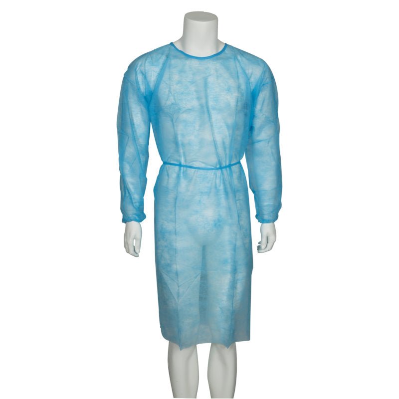 Mallinukke kantaa Abena Re-Seller GmbH:n vierailijatakkia, Nonwoven/PP, sininen - pitkähihaista vyötärönauhalla - yksinkertaisen valkoisen taustan edessä, ihanteellinen käytettäväksi lääketieteellisissä laitoksissa.