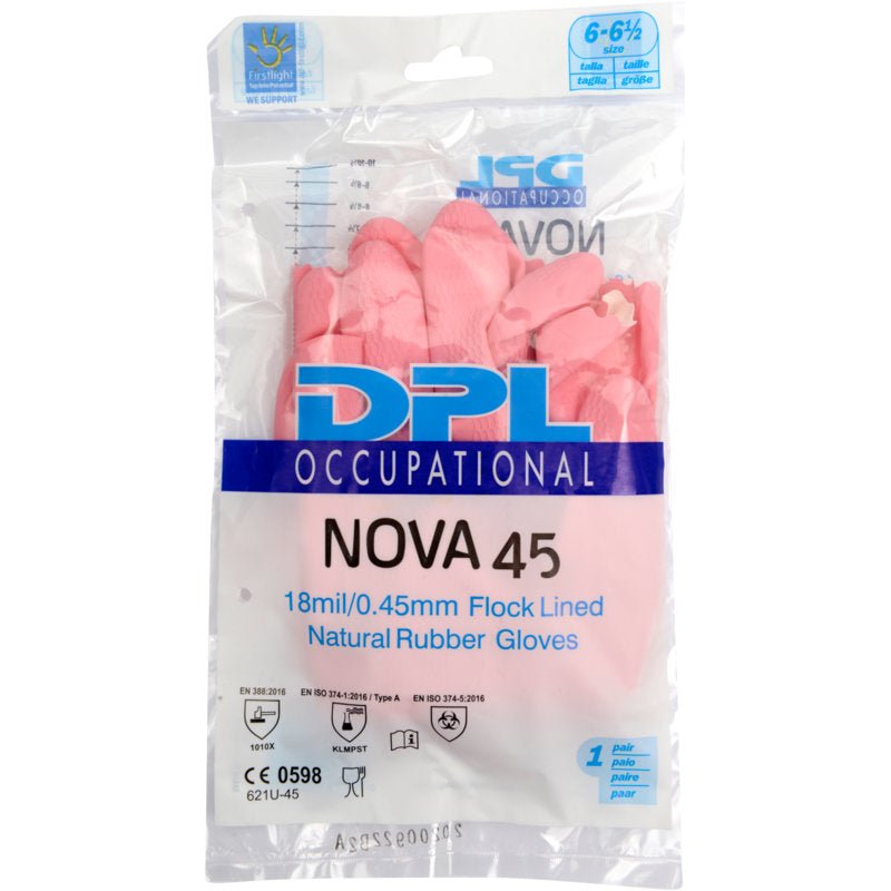 Läpinäkyvä muovipakkaus sisältää vaaleanpunaisia Abena Re-Seller GmbH talouskäsineitä lateksista, sertifikaattisymboleilla ja koolla 6-6½.