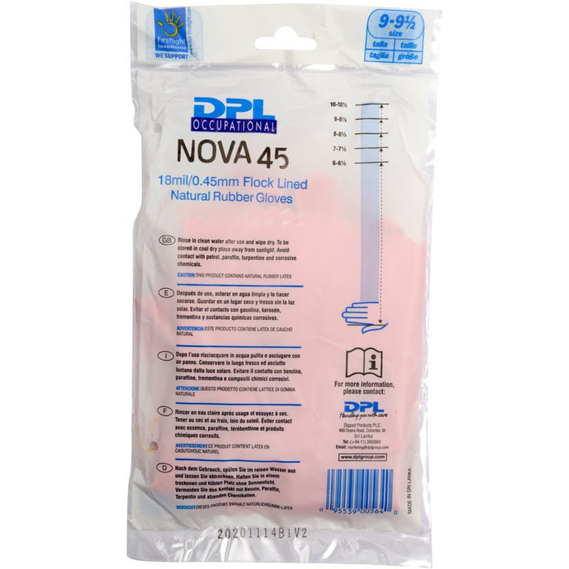 Läpinäkyvä muovipakkaus sisältää Abena Re-Seller GmbH talouskäsineitä lateksista, pinkki. Pakkauksessa on koko, 18mil/0,45mm paksuus, flockvuori, käyttö- ja hoito-ohjeet. Vaaleanpunaiset käsineet ovat näkyvissä sisäpuolelta.