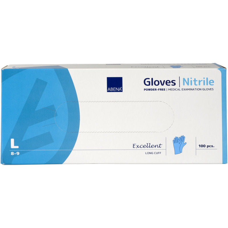 Laatikko Abena Re-Seller GmbH Nitrile-hansikkaita Excellent, koko Large, puuteriton ja pitkä, sininen. Sisältää 100 lääketieteellistä hansikasta pääosin valko-sinisessä pakkauksessa korostuksin ja tekstein.