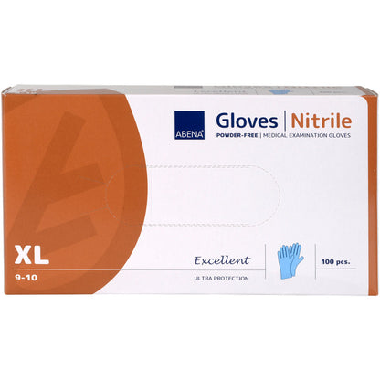 Eine Schachtel Abena Re-Seller GmbH Nitril-Handschuhe Excellent in XL, puderfrei, blau (100 Stück). Die meist weiße Schachtel hat orange Akzente und zeigt eine blaue Handschuhabbildung.