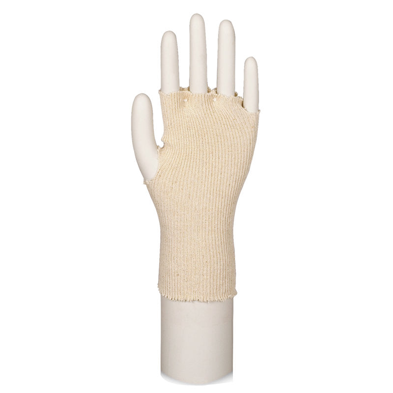 Eine beigefarbene, fingerlose Baumwollhandschuhe ohne Finger von Abena Re-Seller GmbH (One-Size, 24 Stück) wird an einer weißen Schaufensterpuppe gezeigt, die das Handgelenk und die Handfläche bedeckt, während die Finger frei bleiben.
