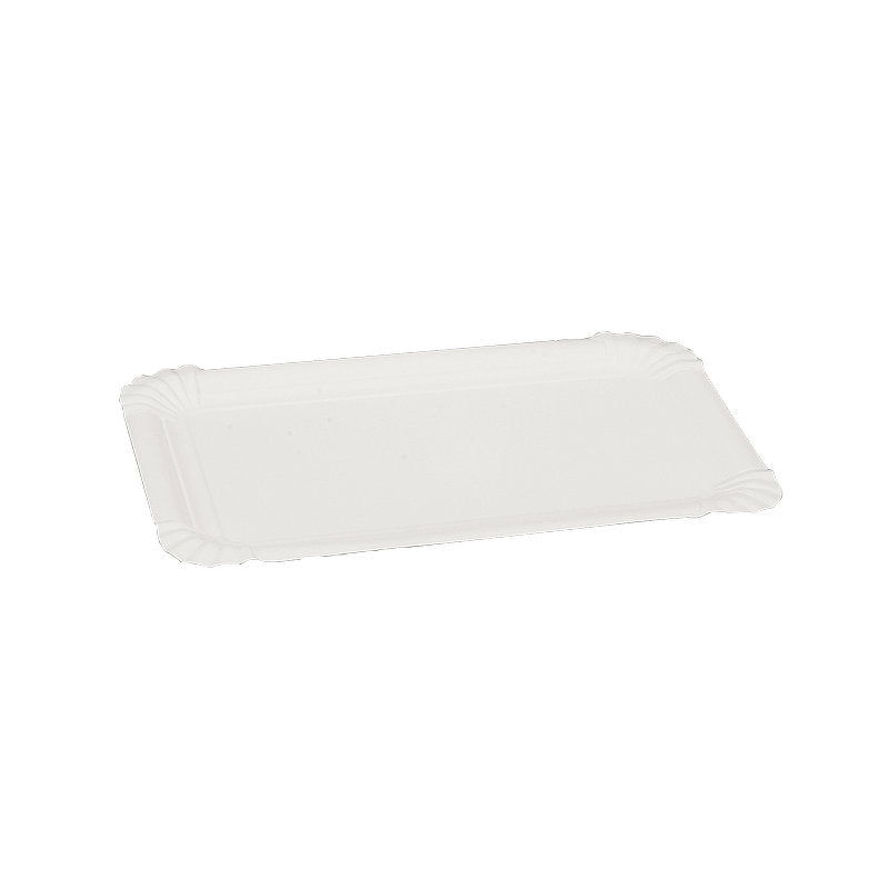 Suorakulmainen, ympäristöystävällinen Abena Re-Seller GmbH:n suorakulmainen paperilautanen (13x20 cm) valkoisena aaltoilevin reunoineen, myydään 250 kappaleen pakkauksessa ja valokuvattu yksivärisellä valkoisella taustalla.