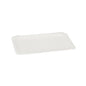 Suorakulmainen, ympäristöystävällinen Abena Re-Seller GmbH:n suorakulmainen paperilautanen (13x20 cm) valkoisena aaltoilevin reunoineen, myydään 250 kappaleen pakkauksessa ja valokuvattu yksivärisellä valkoisella taustalla.