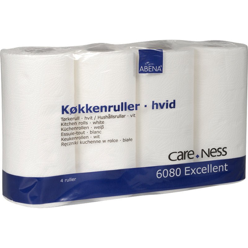 Muovipakkauksessa oleva paketti, jossa on 4 valkoista Abena Re-Seller GmbH:n keittiöpyyhettä, 2-kerroksinen (22,5 cm x 17,85 m), merkitty "Køkkenruller - hvid" käännöksineen ja merkitty erittäin imukykyiseksi. Tuote: 6080 Erinomainen.