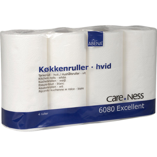 Eine in Kunststoff verpackte Packung mit 4 weißen Abena Re-Seller GmbH Küchenrollen, 2-lagig (22,5 cm x 17,85 m), beschriftet mit "Køkkenruller - hvid" mit Übersetzungen und gekennzeichnet als hoch absorbierend. Produkt: 6080 Ausgezeichnet.