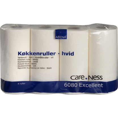 Pakkaus, jossa on 4 valkoista keittiöpyyhettä, 2-kerroksinen (22,5 cm x 17,85 m) Abena Re-Seller GmbH:ltä, pakattu kirkkaaseen muoviin monikielisellä tekstillä - ihanteellinen jokapäiväiseen keittiön käyttöön.