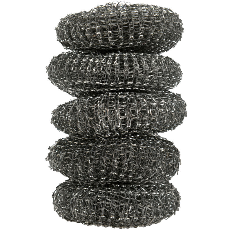 Pakkaus, joka sisältää viisi 16 g Abena Re-Seller GmbH:n kattilanpuhdistuspesusientä, kukin viipaleen muodossa ja kierretyistä metallilangoista - täydellinen keittiön puhdistukseen ja kattiloiden ja pannujen jynssäämiseen.