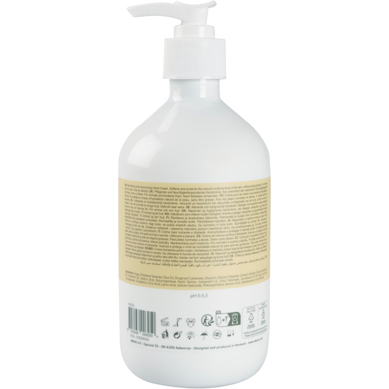 Weiße Kunststoff-Pumpflasche mit beigem Etikett auf der Rückseite mit Produktangaben, Inhaltsstoffen und Recycling-Symbolen für Abena Re-Seller GmbH Handcreme, 21% Fettgehalt, leicht parfümiert.