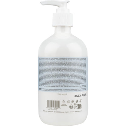 Läpinäkyvä muovipullo, jossa on valkoinen pumppupää ja merkintä "Mieto hajusteeton voide saippua" Abena Re-Seller GmbH:lta, on varustettu suurella sinivalkoisella etiketillä ja monikielisillä tuoteinformaatiolla takana.