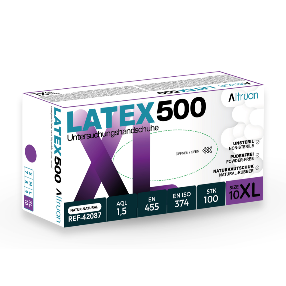Eine weiß-lila Schachtel mit der Aufschrift "Altruan Latex 500 Handschuhe" enthält 100 natürliche, puderfreie, unsterile Einmalhandschuhe von Altruan in der Größe XL für zuverlässigen Schutz.