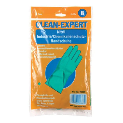 AMPri Handelsgesellschaft mbH:n „Clean-Expert“-nitriilikemikaalihanskojen pakkaus, koko 8. Oranssi-läpinäkyvä pakkaus näyttää kuvan sisällä olevista vihreistä hanskoista. Nämä teollisuushanskat ovat lateksittomia, nukattuja ja tiiviydestä testattuja, mikä tekee niistä ihanteelliset kemikaalisuojahanskat.