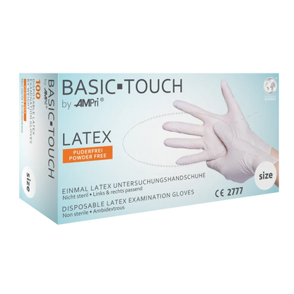 Yksi laatikko AMPri BASIC-TOUCH lateksikäsineitä, puuterittomia, valkoisia. Laatikossa on teksti "Powder Free" ja kuva hansikoidusta kädestä. Teksti on kirjoitettu saksaksi ja englanniksi. Laatikko sisältää 100 molempikätisesti käytettävää, steriloimatonta kertakäyttöhansikasta valkoisena, ei tarkemmin määritellyssä koossa, AMPri Handelsgesellschaft mbH -merkiltä.