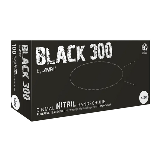 Ampri Black 300 -nitriilikäsineet, joilla on ylimääräinen pituus, musta | Laatikko (100 kappaletta)