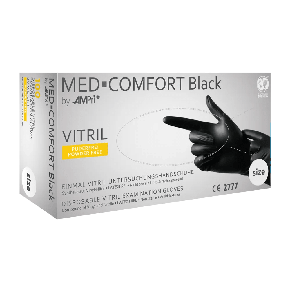 Kuva näyttää AMPri MED-COMFORT BLACK Vitril-käsineiden laatikon, puuteriton, musta, valmistaja AMPri Handelsgesellschaft mbH. Laatikko on enimmäkseen valkoinen mustalla ja keltaisella tekstillä ja siinä näkyy käsineellä peitetty käsi. Käsineet ovat puuterittomia ja pakkauksessa on CE-sertifikaatti.