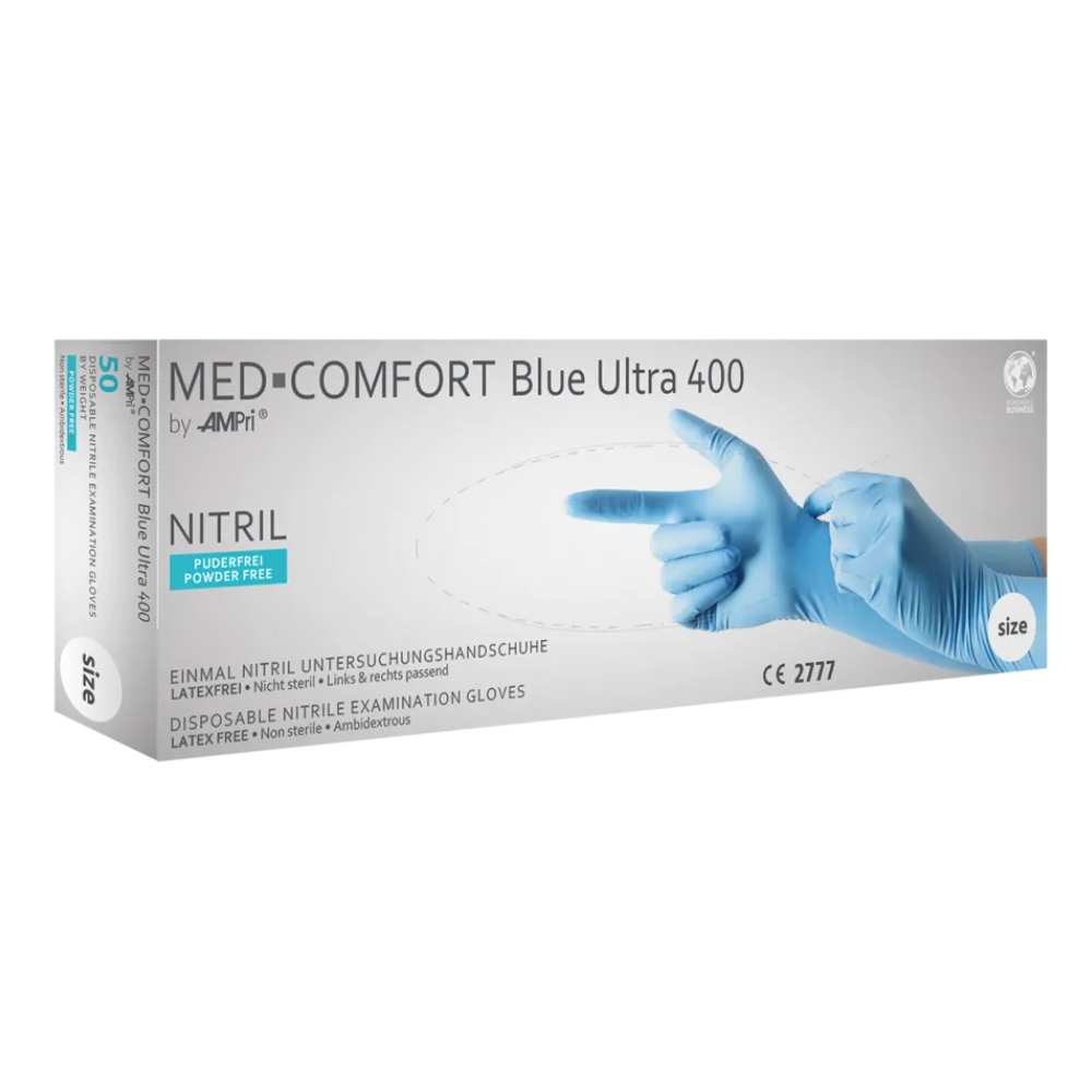 Eine Schachtel AMPri MED-COMFORT BLUE ULTRA 400 extralange Einweg-Untersuchungshandschuhe aus Nitril von AMPri Handelsgesellschaft mbH, gekennzeichnet als Größe „S“ und ideal für die Lebensmittelindustrie. Diese blauen Nitrilhandschuhe sind latexfrei, puderfrei und beidhändig tragbar. Auf der Verpackung ist ein Bild von Händen abgebildet, die diese blauen Untersuchungshandschuhe tragen.