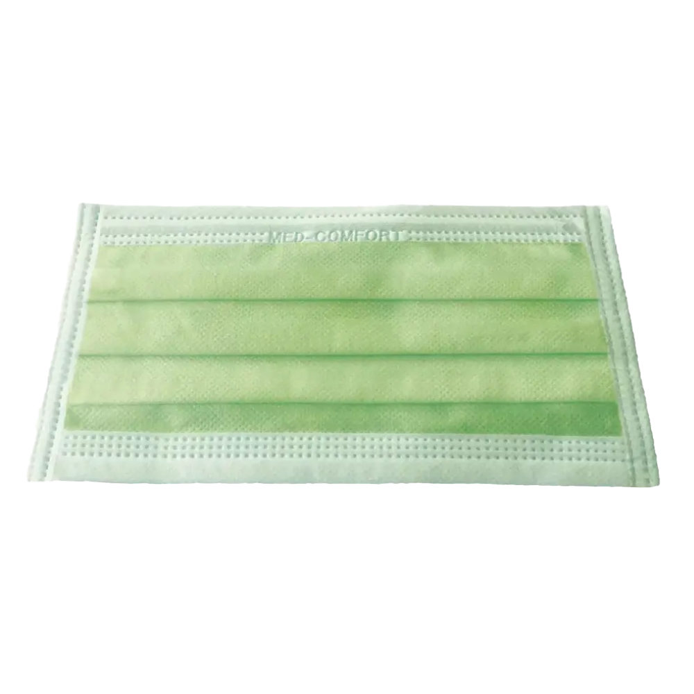 Kuvassa on yksittäinen vaaleanvihreä AMPri MED-COMFORT OP Maske zum Binden Typ IIR AMPri Handelsgesellschaft mbH:lta. Tässä leikkausmaskissa on kolme laskosta, korvalenkit ja näkyvät saumat reunoilla. Materiaali vaikuttaa olevan yhdistelmä kuitukangasta ja sulapuhallettua kangasta.