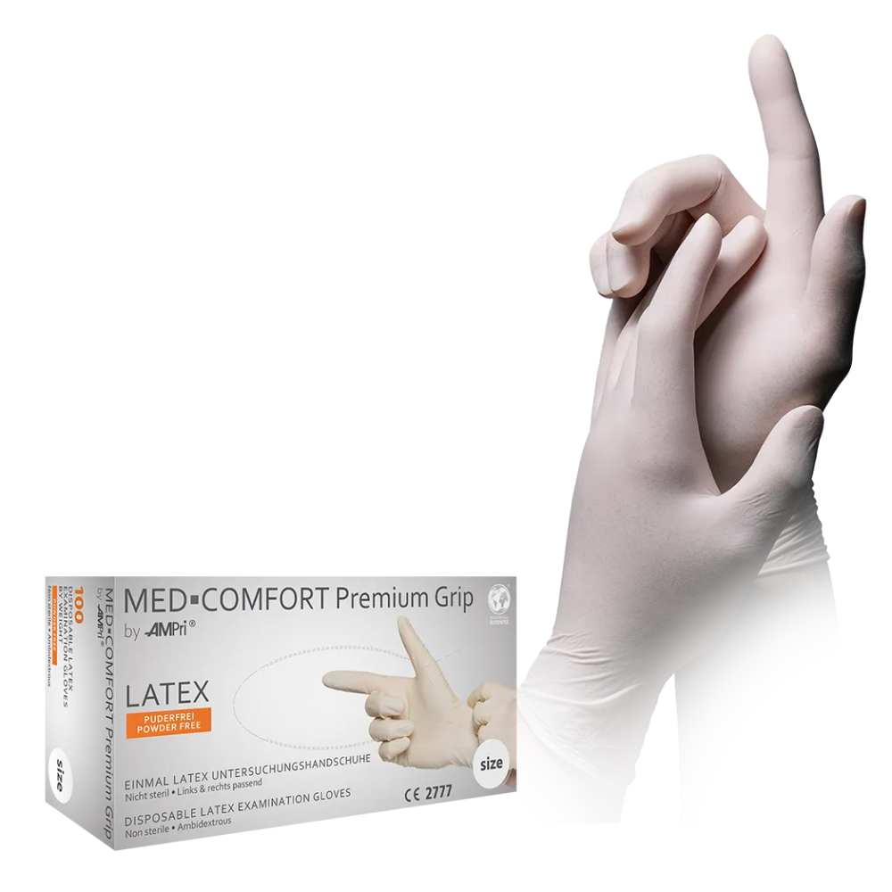 Kuvassa on laatikko AMPri MED-COMFORT Premium Grip lateksihanskoja, valkoinen AMPri Handelsgesellschaft mbH:ltä (100 kappaletta). Laatikon vieressä on kuva parista hansikoitua kättä, joista toinen käsi hieman peittää toista. Laatikko sisältää tuotetiedot ja koko on merkitty numerolla '6'. Nämä puuterittomat hanskat ovat ihanteellisia ammattilaiskäyttöön.