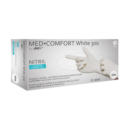 AMPri MED-COMFORT WHITE 300 puuterittomia, steriloimattomia ja lateksittomia nitriilikäsineitä sisältävä laatikko, jossa on AMPri Handelsgesellschaft mbH:n lisäpituus. Pääasiassa valkoinen laatikko, jossa on joitain sinisiä tekstejä ja kuvia, sisältää nitriilitutkimuskäsineitä, joiden koko ei ole tarkemmin määritelty.
