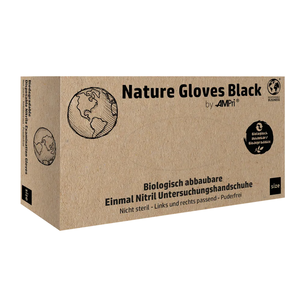 Pahvilaatikko, jossa on merkintä „AMPri Nature Gloves BLACK Nitrilhandschuhe Biologisch abbaubar“ AMPri Handelsgesellschaft mbH:ltä, on esillä. Se sisältää kuvia maapallosta ja biologista hajoamista kuvaavan logon. Saksankielinen teksti laatikossa kuvailee näitä mustia biologisesti hajoavia nitriilikäsineitä ja korostaa niiden korkeaa kemikaalien kestävyyttä ja biologista suojaa.
