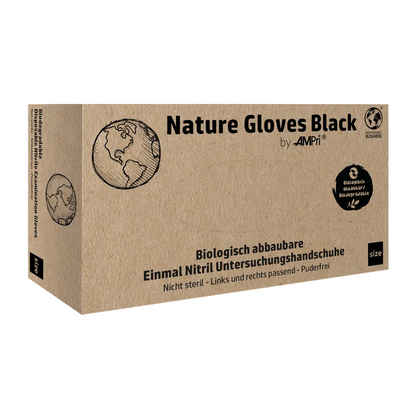 Pahvilaatikko, jossa on merkintä „AMPri Nature Gloves BLACK Nitrilhandschuhe Biologisch abbaubar“ AMPri Handelsgesellschaft mbH:ltä, on esillä. Se sisältää kuvia maapallosta ja biologista hajoamista kuvaavan logon. Saksankielinen teksti laatikossa kuvailee näitä mustia biologisesti hajoavia nitriilikäsineitä ja korostaa niiden korkeaa kemikaalien kestävyyttä ja biologista suojaa.