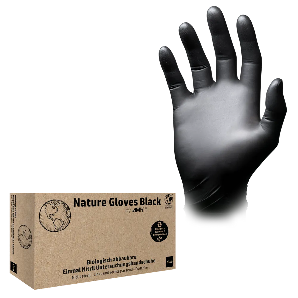 Pakkauksen „AMPri Nature Gloves BLACK“ vieressä näytetään musta kertakäyttöinen käsine, joka esittelee biologisesti hajoavaa nitriilimateriaaliaan. Nämä biologisesti hajoavat nitriilikäsineet ovat jauheettomia, tarjoavat korkean kestävyyden ja sopivat molemmille käsille.