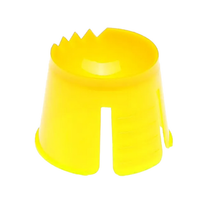 Kirkkaan keltainen AMPri kertakäyttöinen Dappen-kulho polypropeenista, suunniteltu AMPri Handelsgesellschaft mbH:n toimesta, on ontto, sylinterimäinen muoto, jossa on sahalaitaiset reunat yhdellä puolella ja avoin aukko vastakkaisella puolella.