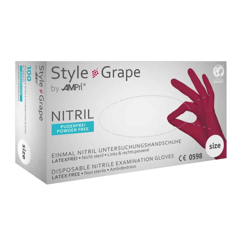 Kuva AMPri STYLE GRAPE -nitrilihanskalaatikosta, jauheeton, MED-COMFORTin valmistama, Bordeaux, AMPri Handelsgesellschaft mbH:ltä. Laatikko on valkoinen violeteilla yksityiskohdilla ja siinä on kuva kädestä, joka käyttää Bordeauxin väristä hanskaa. Nämä kertakäyttöhanskat ovat lateksittomia, steriloimattomia ja niissä on molemmille käsille sopiva muotoilu.