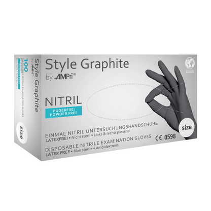 Yksi laatikko AMPri STYLE GRAPHITE -nitrilihansikkaita, puuterittomia, MED-COMFORTilta, antrasiitin värisiä kertakäyttötutkimushansikkaita AMPri Handelsgesellschaft mbH:ltä. Nämä lateksittomat, steriloimattomat ja molempikätisesti käytettävät hansikkaat ovat antrasiitin värisessä laatikossa, jossa on tekstiä saksaksi ja englanniksi sekä kuva kädestä, joka pitää nitrilihansikasta.