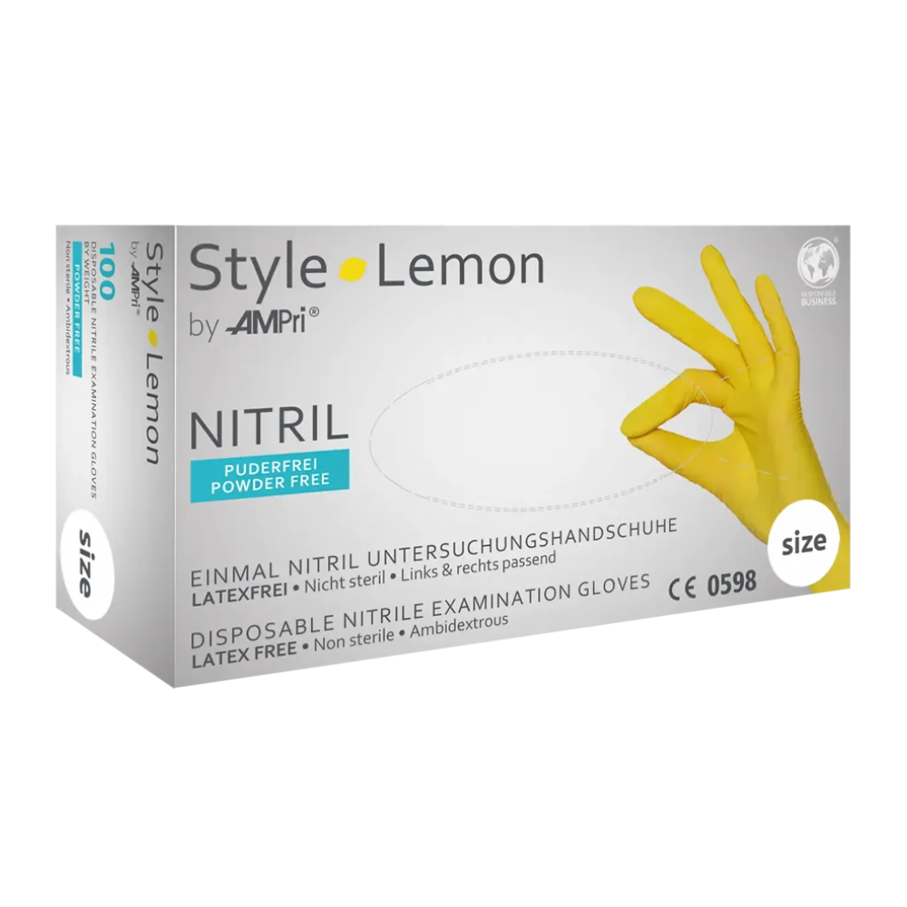 Valkoinen laatikko, jossa on merkintä ”AMPri STYLE LEMON Nitrilhandschuhe puderfrei von MED-COMFORT” AMPri Handelsgesellschaft mbH:ltä, näyttää keltaisella hansikkaalla varustetun käden, joka muodostaa ”OK”-merkin. Laatikko sisältää ”kertakäyttöisiä nitriilikäsineitä – lateksittomia • steriloimattomia • molemmille käsille sopivia”. Numero ”100” ilmaisee määrän, joka on sen sisällä, ja ne ovat puuterittomia.