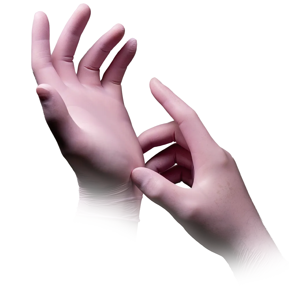 Henkilö, joka käyttää AMPri STYLE STRAWBERRY -nitrilihansikkaita puuterittomia MED-COMFORTilta, vaaleanpunaisia, AMPri Handelsgesellschaft mbH:lta, käyttää oikeaa kättään säätääkseen hansikasta vasemmassa kädessään. Vaaleanpunaiset hansikkaat ovat sileät puhtaan valkoisen taustan edessä.