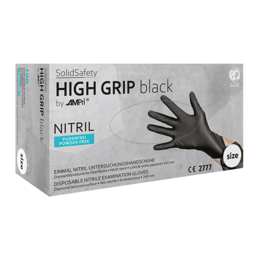Laatikko AMPri SolidSafety High Grip Black Nitrile kemikaalisuojakäsineitä, täydelliset ammattikäyttöön erilaisiin käyttötarkoituksiin. Laatikko sisältää yhden mustan käsineen ja korostaa, että se on puuteriton, ei-steriili ja siinä on timanttirakenteinen pinta paremman otteen saamiseksi.