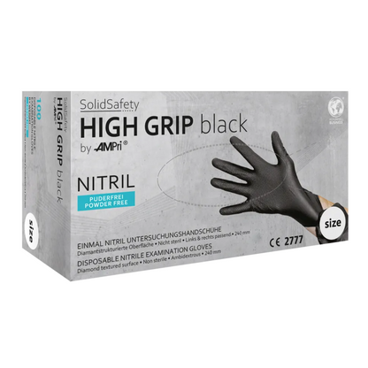 Laatikko AMPri SolidSafety High Grip Black Nitrile kemikaalisuojakäsineitä, täydelliset ammattikäyttöön erilaisiin käyttötarkoituksiin. Laatikko sisältää yhden mustan käsineen ja korostaa, että se on puuteriton, ei-steriili ja siinä on timanttirakenteinen pinta paremman otteen saamiseksi.