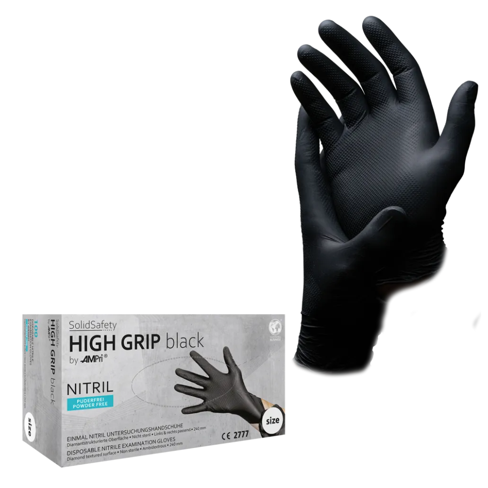 AMPri SolidSafety High Grip Black Nitrile kemikaalisuojakäsineet, jotka esitetään AMPri Handelsgesellschaft mbH:n tuotepakkauksessa, ovat puuterittomia ja saatavilla ko'oissa S-XXL. Nämä ammattikäyttöön tarkoitetut käsineet tarjoavat rakenteellisen pinnan, joka parantaa otetta ja tekee niistä täydelliset vaativiin tehtäviin.