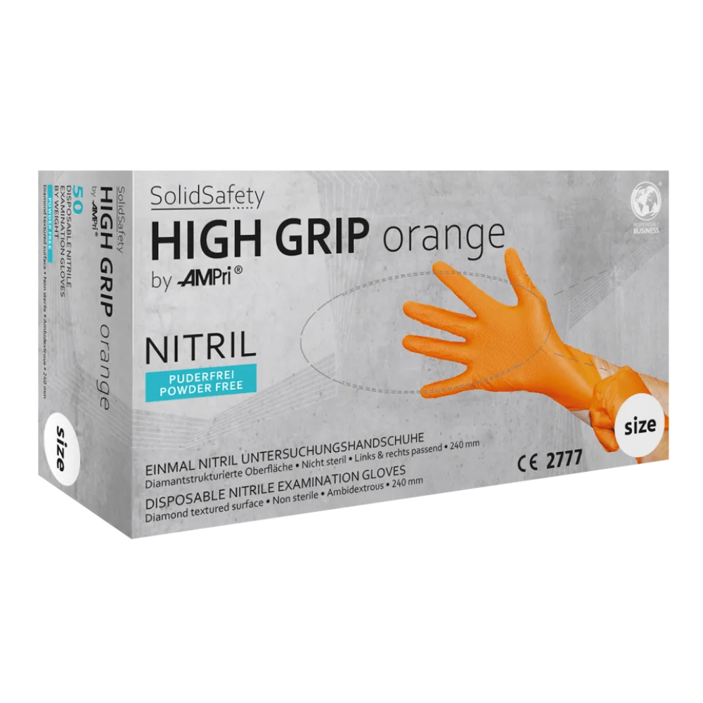 Laatikko, jossa on oransseja AMPri SolidSafety High Grip nitriilikemikaalisuojakäsineitä. Nämä steriloimattomat käsineet ovat puuterittomia, timanttirakenteisella pinnalla ja sopivat molempiin käsiin. Monikielinen merkintä kokotiedoilla, CE 2777 ja elintarvikekelpoisilla symboleilla elintarviketeollisuudessa käytettäväksi.