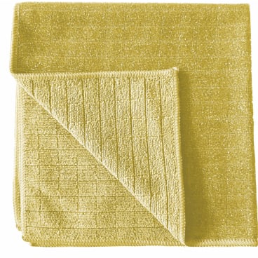 Taitettu keltainen Arcora Scrub & Clean 2N1 mikrokuituliina (40x40 cm) Arcora International GmbH:lta, rakenteellisella pinnalla ja käännetyllä kulmalla, täydellinen puhdistusliinana kaikille pinnoille.